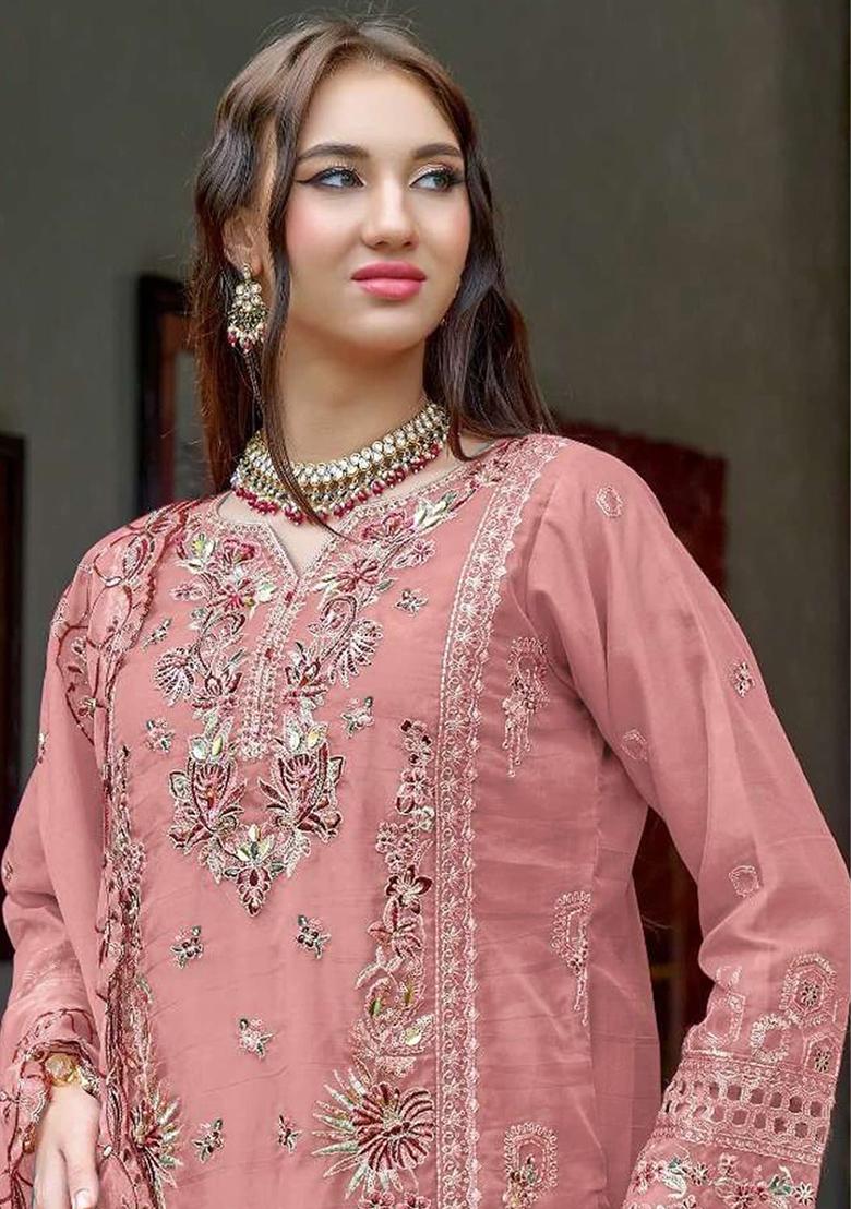Orange Embroidered Organza Pakistani Salwar Kameez