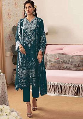 Green Embroidered Georgette Pakistani Salwar Kameez With Dupatta