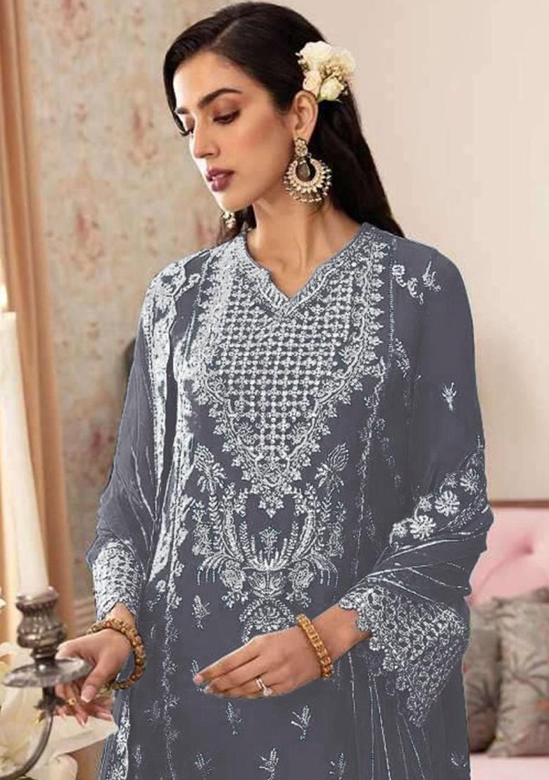 Grey Embroidered Georgette Pakistani Salwar Kameez
