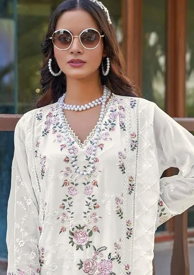 White Embroidered Georgette Pakistani Salwar Kameez