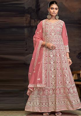 Light Pink Embroidered Net Pakistanii Anarkali Set