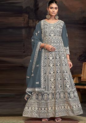 Grey Embroidered Net Pakistanii Anarkali Set
