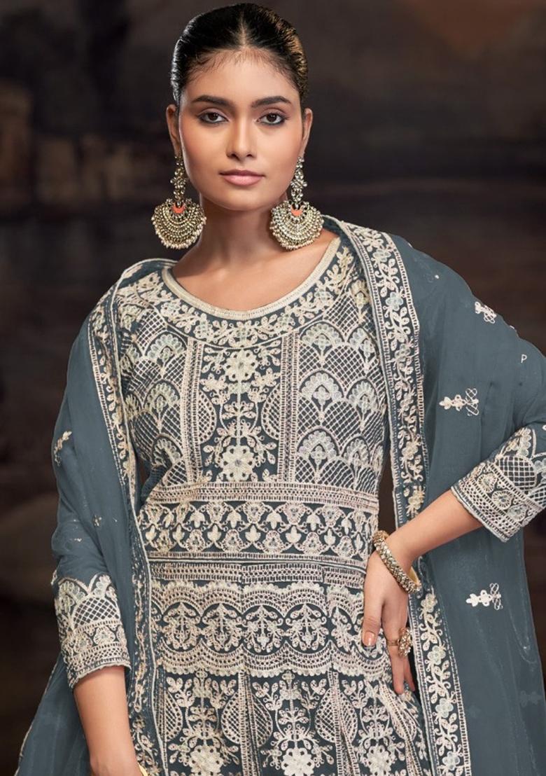 Grey Embroidered Net Pakistanii Anarkali Set