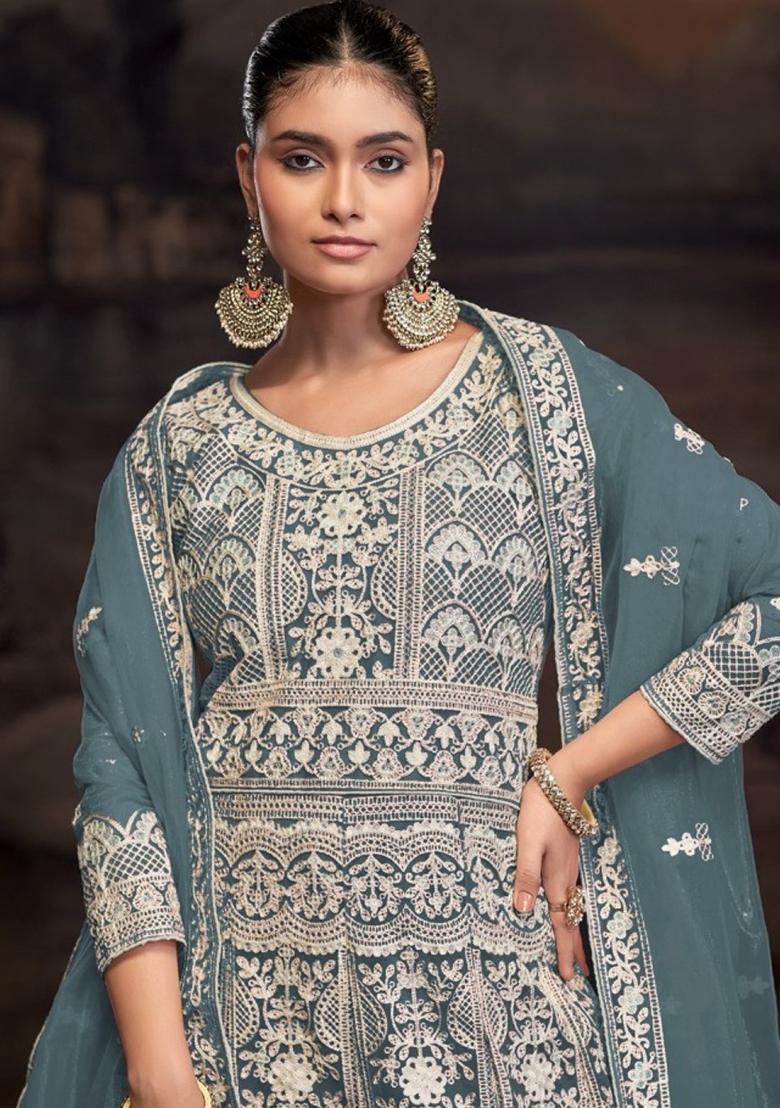 Light Blue Embroidered Net Pakistanii Anarkali Set