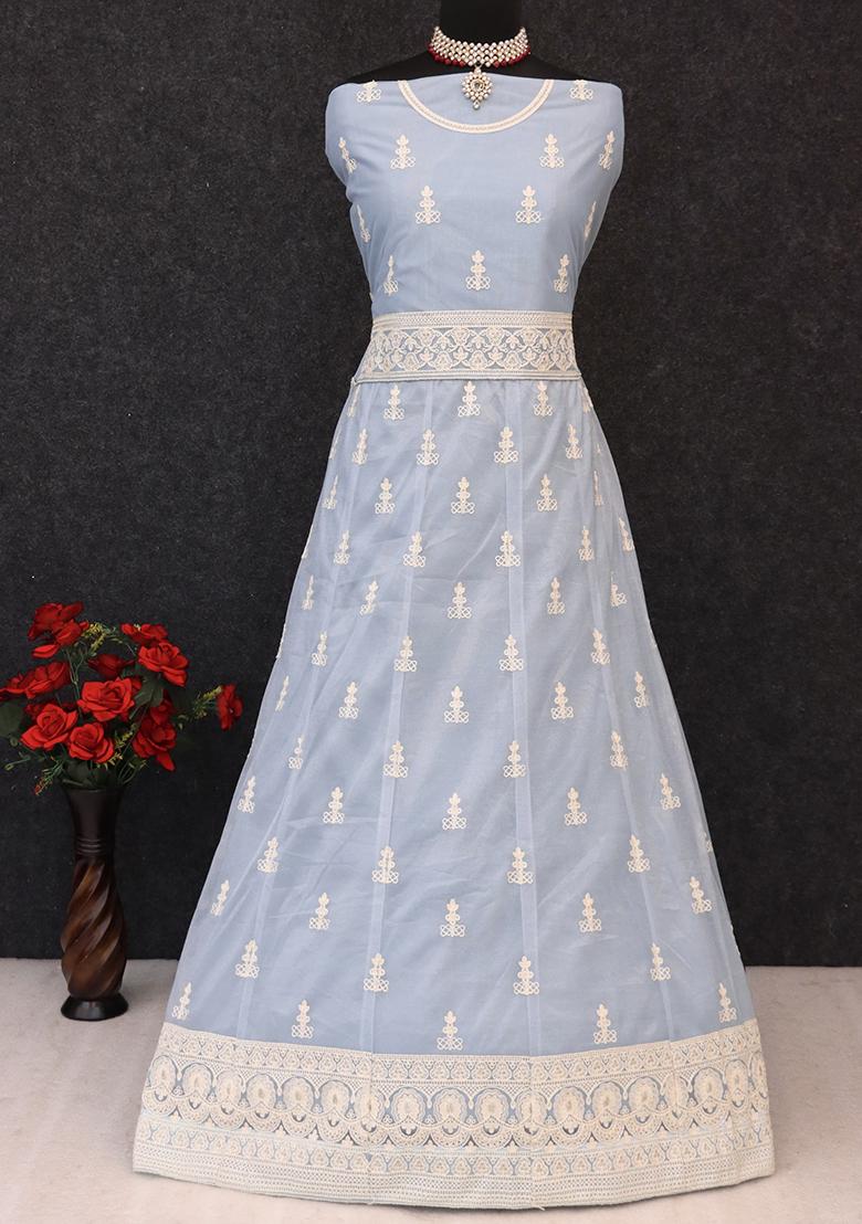 Sky Blue Embroidered Net Pakistanii Anarkali Set