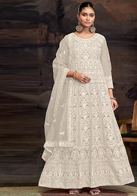 Off White Embroidered Net Pakistanii Anarkali Set