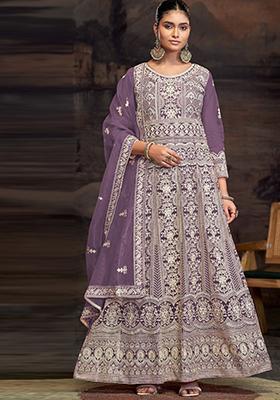 Purple Embroidered Net Pakistanii Anarkali Set