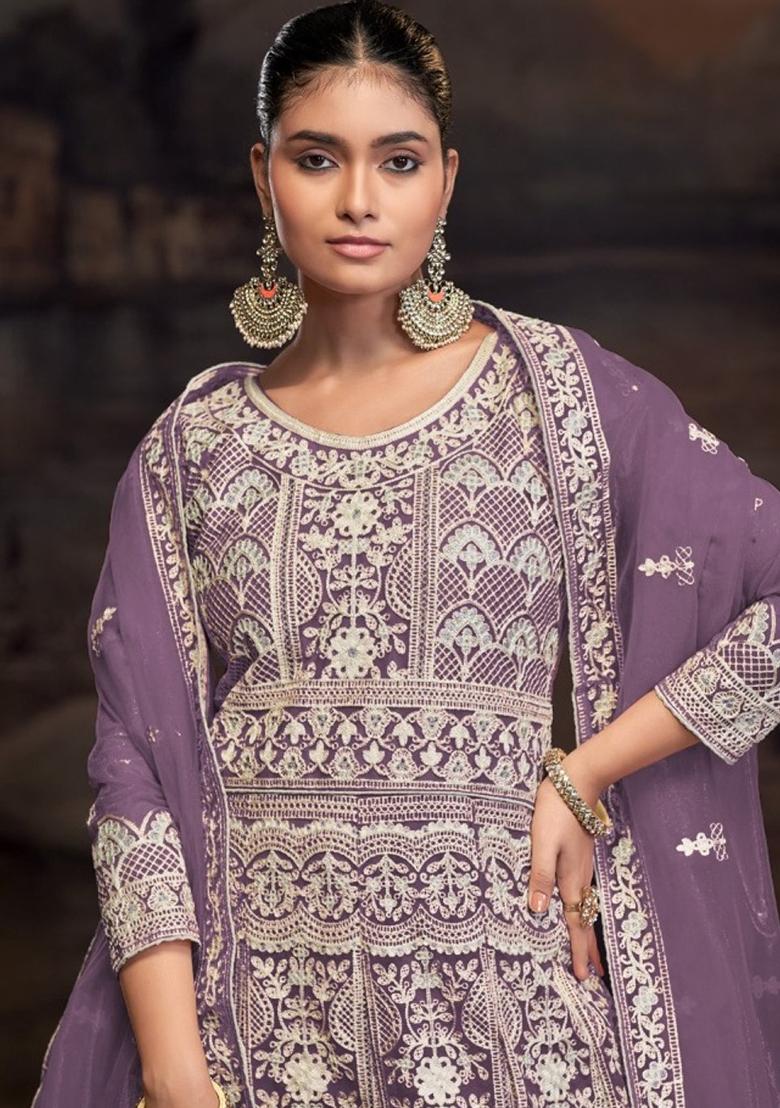 Purple Embroidered Net Pakistanii Anarkali Set