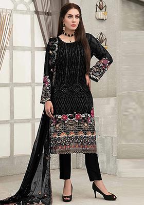 Black Embroidered Georgette Sharara Set With Dupatta
