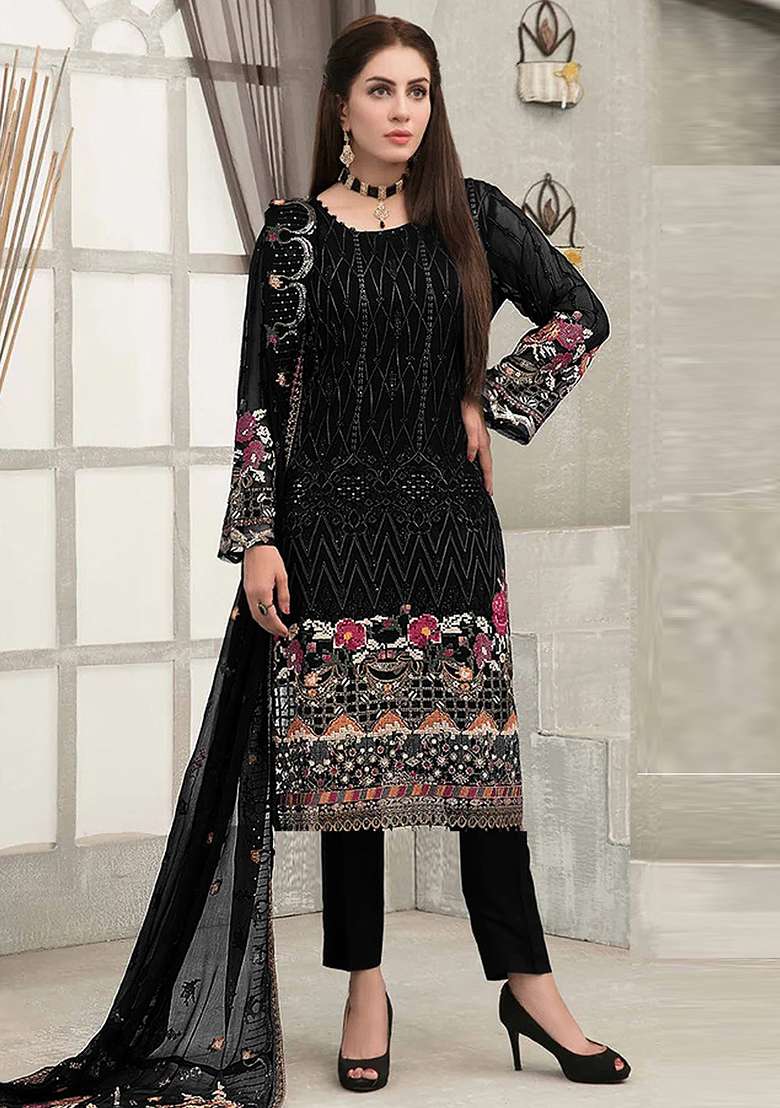 Black Embroidered Georgette Sharara Set With Dupatta - Indya