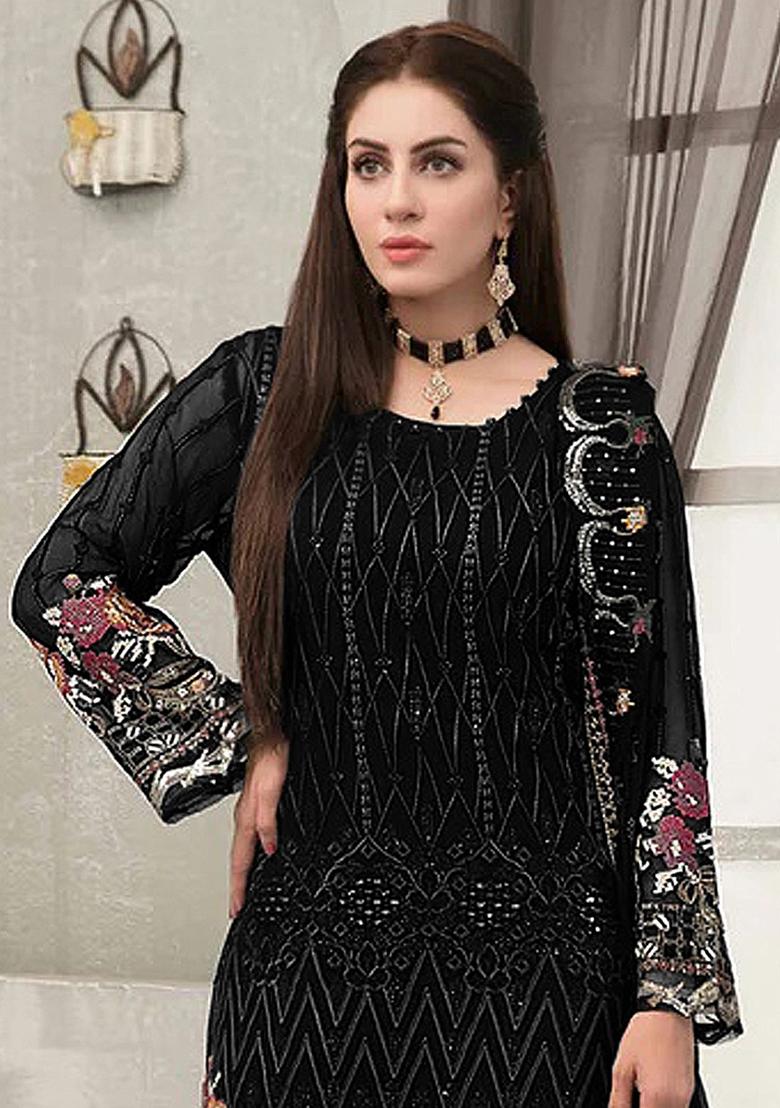 Black Embroidered Georgette Sharara Set