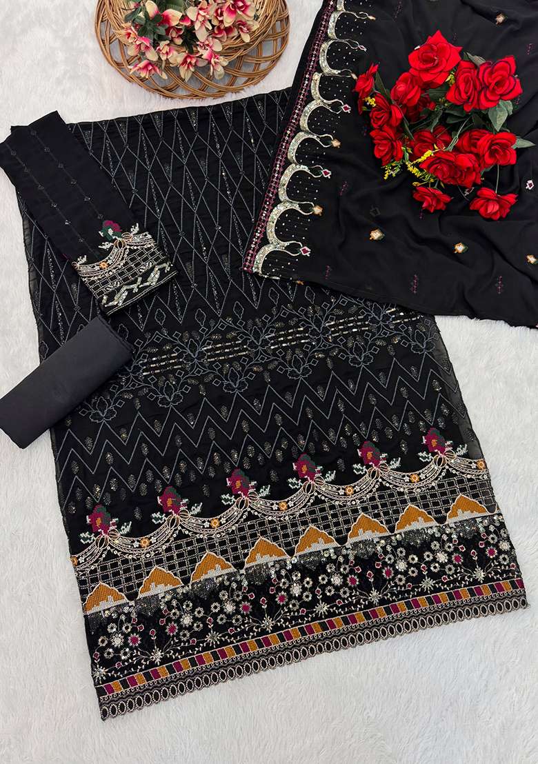 Black Embroidered Georgette Sharara Set With Dupatta - Indya