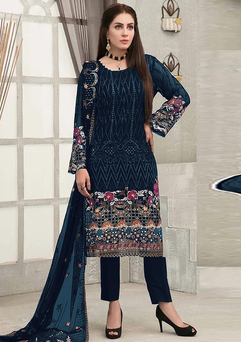 Blue Embroidered Georgette Sharara Set With Dupatta