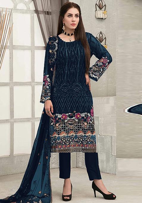 Blue Embroidered Georgette Sharara Set With Dupatta