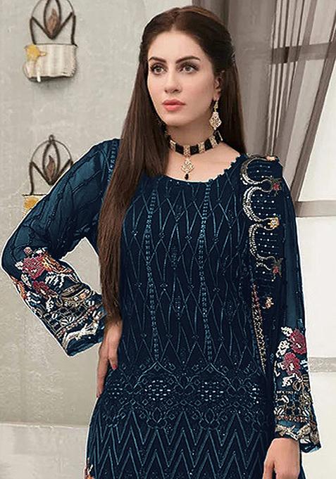 Blue Embroidered Georgette Sharara Set With Dupatta