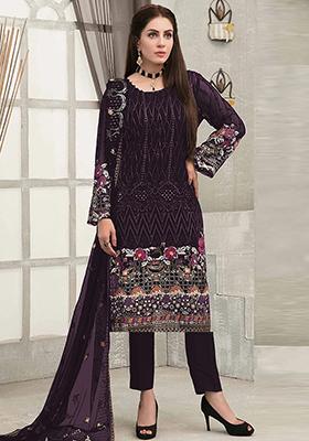 Purple Embroidered Georgette Sharara Set With Dupatta