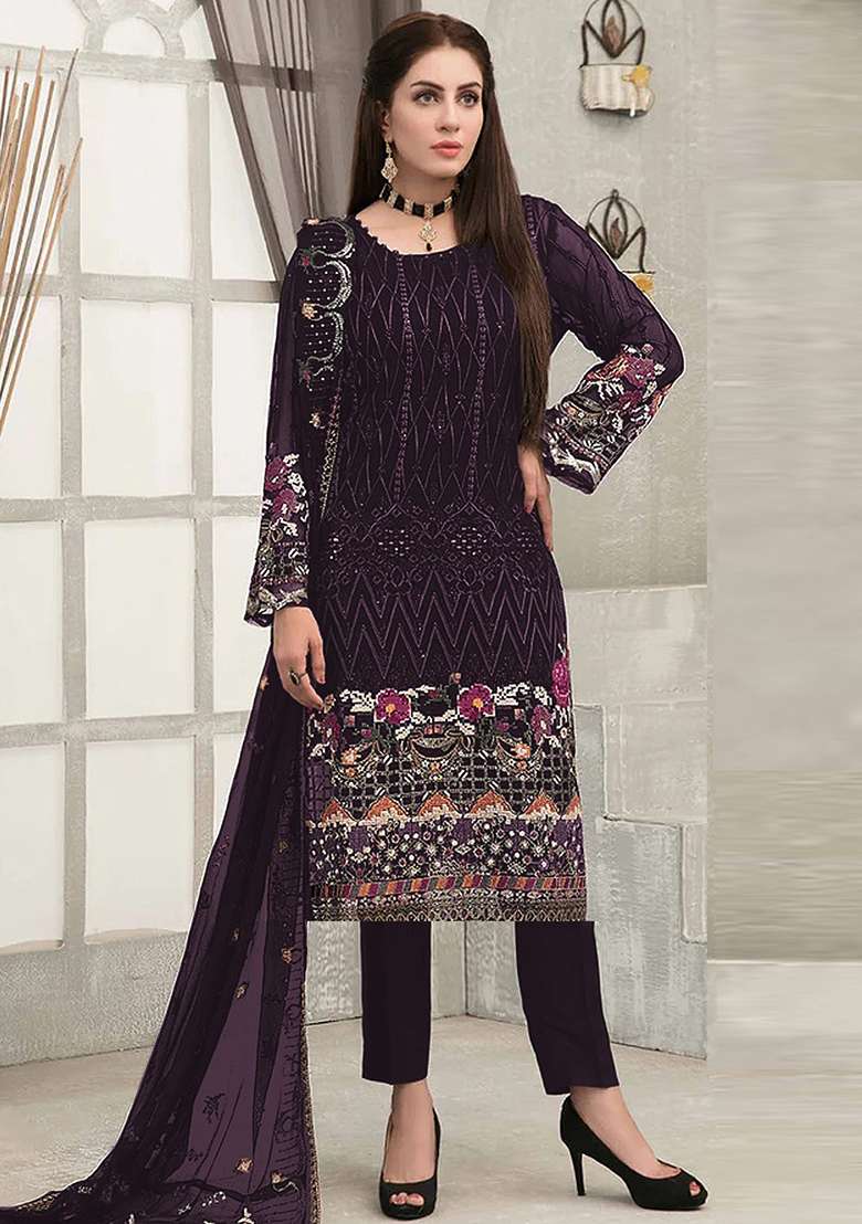 Purple Embroidered Georgette Pakistani Suit Set - Indya