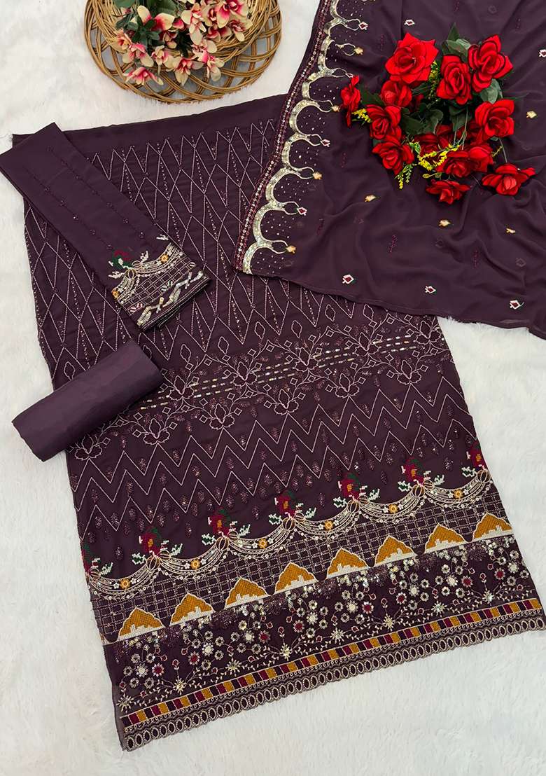 Purple Embroidered Georgette Pakistani Suit Set - Indya