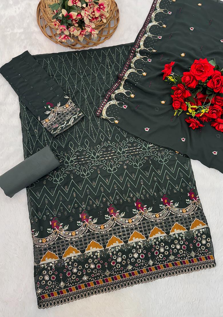 Green Embroidered Georgette Sharara Set With Dupatta