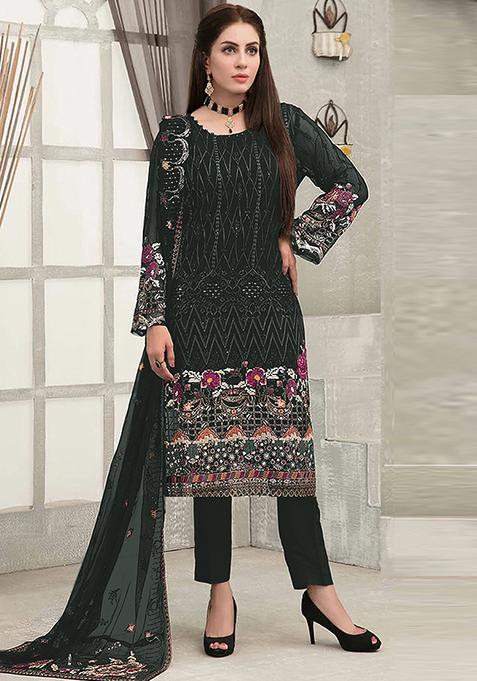 Green Embroidered Georgette Sharara Set With Dupatta