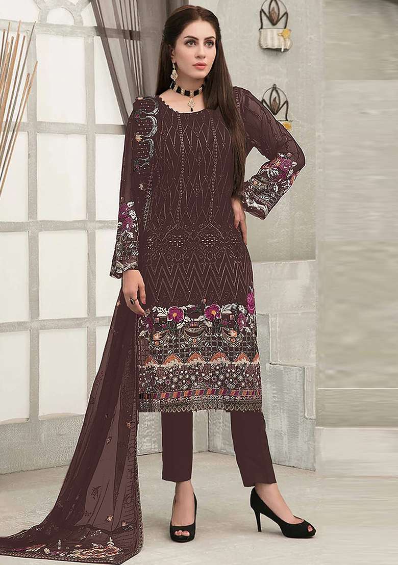 Coffee Brown Embroidered Georgette Pakistani Suit Set - Indya