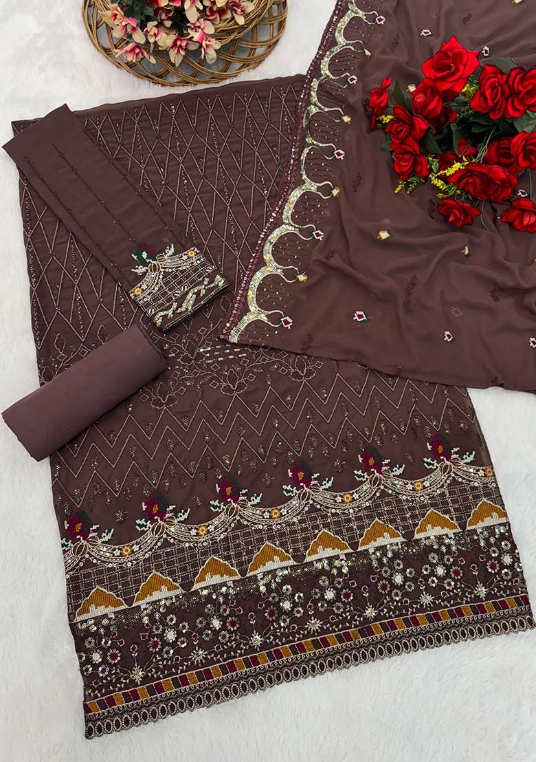 Coffee Brown Embroidered Georgette Pakistani Suit Set - Indya
