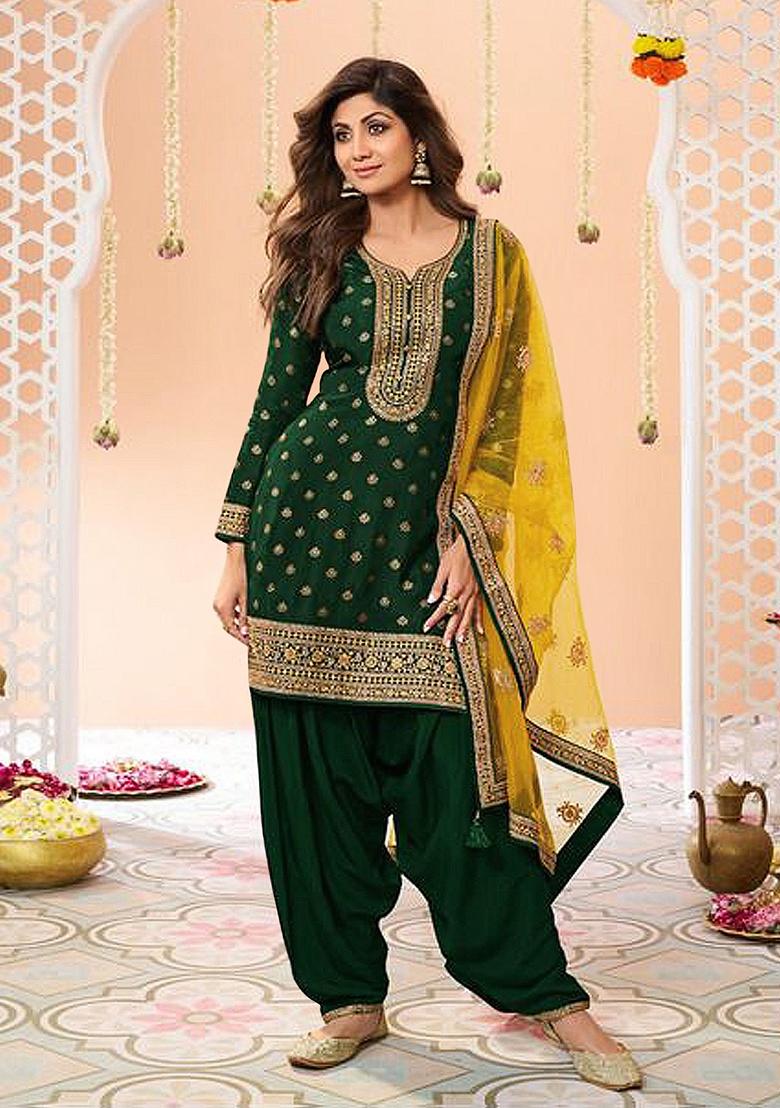 Dark Green Embroidered Viscose Salwar Kameez With Dupatta