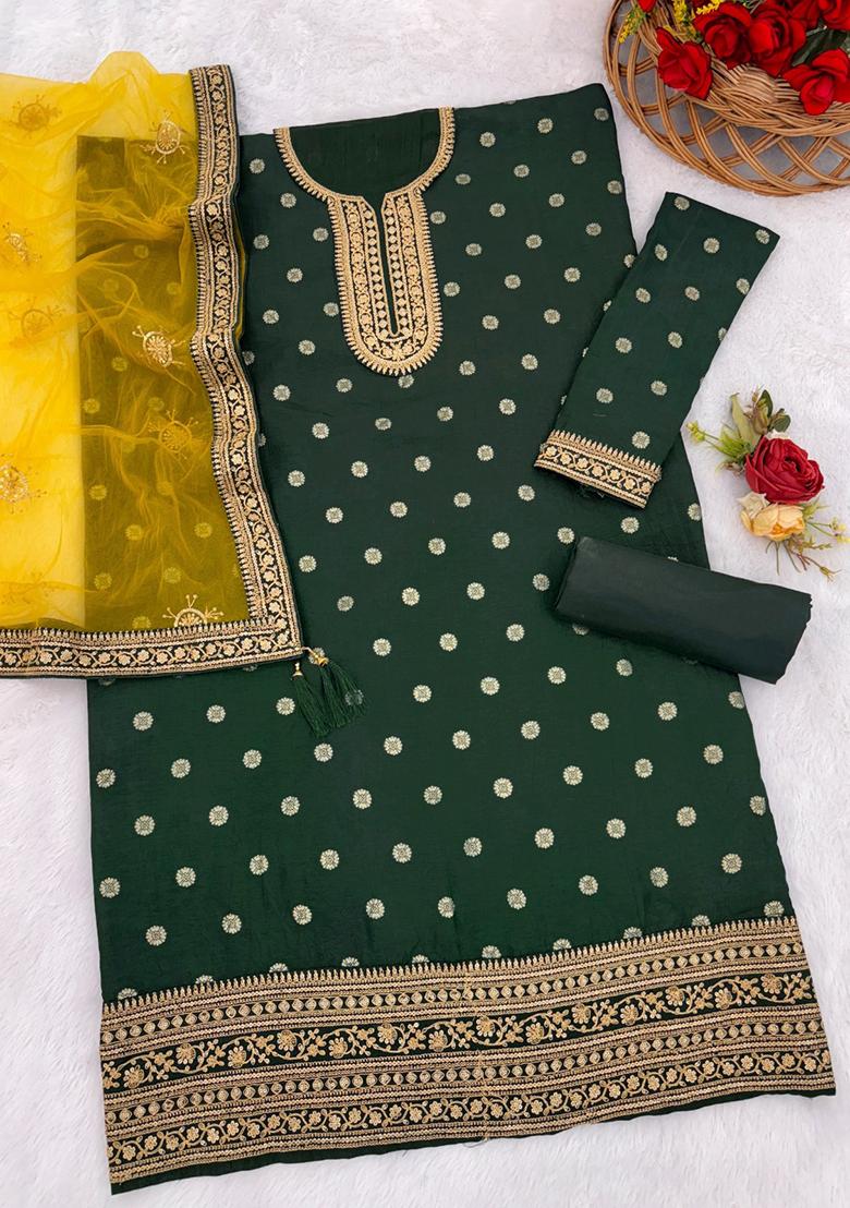 Dark Green Embroidered Viscose Salwar Kameez With Dupatta