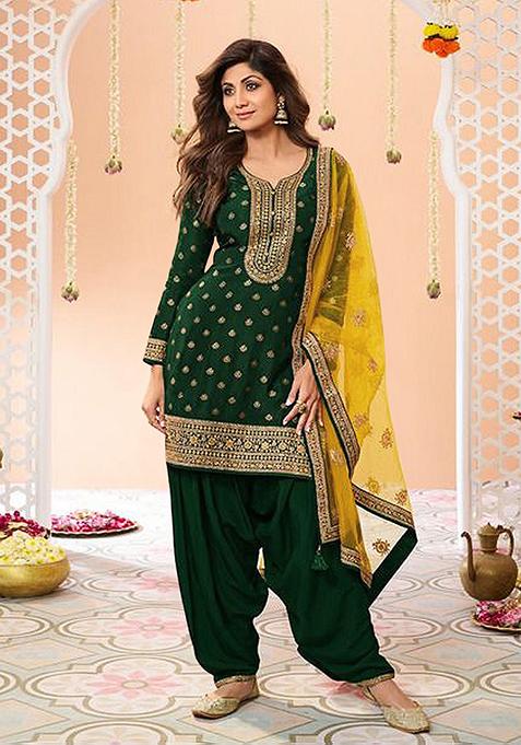 Dark Green Embroidered Viscose Salwar Kameez With Dupatta