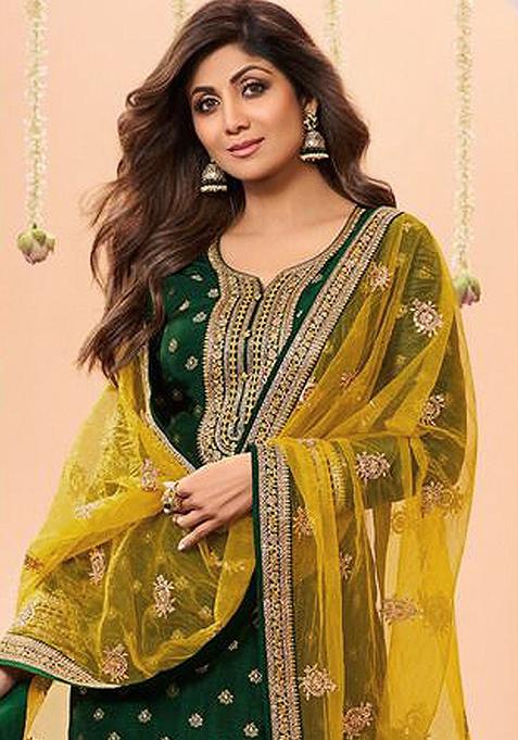 Dark Green Embroidered Viscose Salwar Kameez With Dupatta