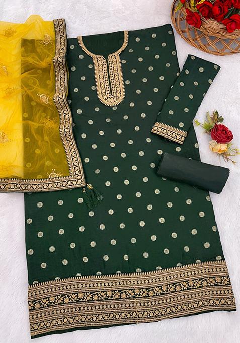Dark Green Embroidered Viscose Salwar Kameez With Dupatta