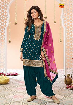 Navy Blue Embroidered Viscose Salwar Kameez With Dupatta