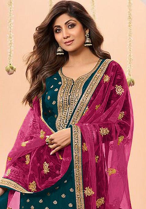 Navy Blue Embroidered Viscose Salwar Kameez With Dupatta