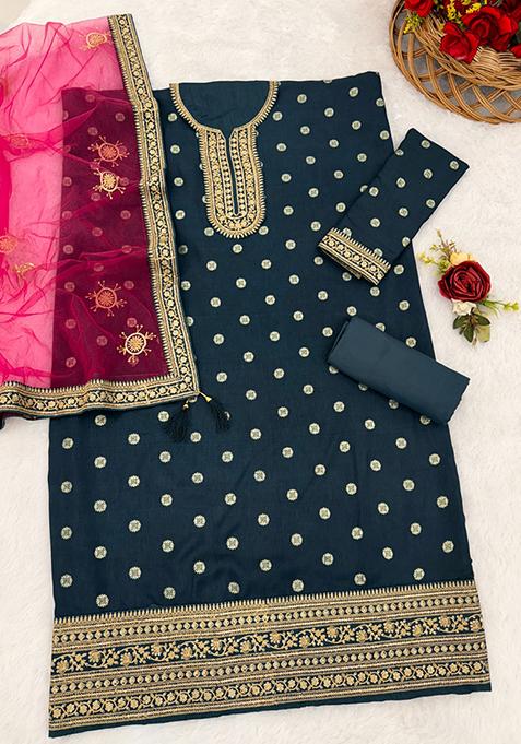 Navy Blue Embroidered Viscose Salwar Kameez With Dupatta