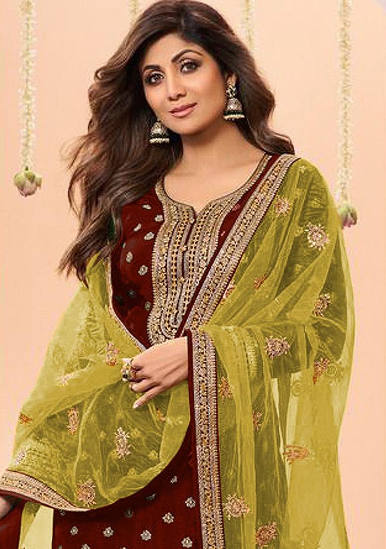 Maroon Embroidered Viscose Salwar Kameez With Dupatta