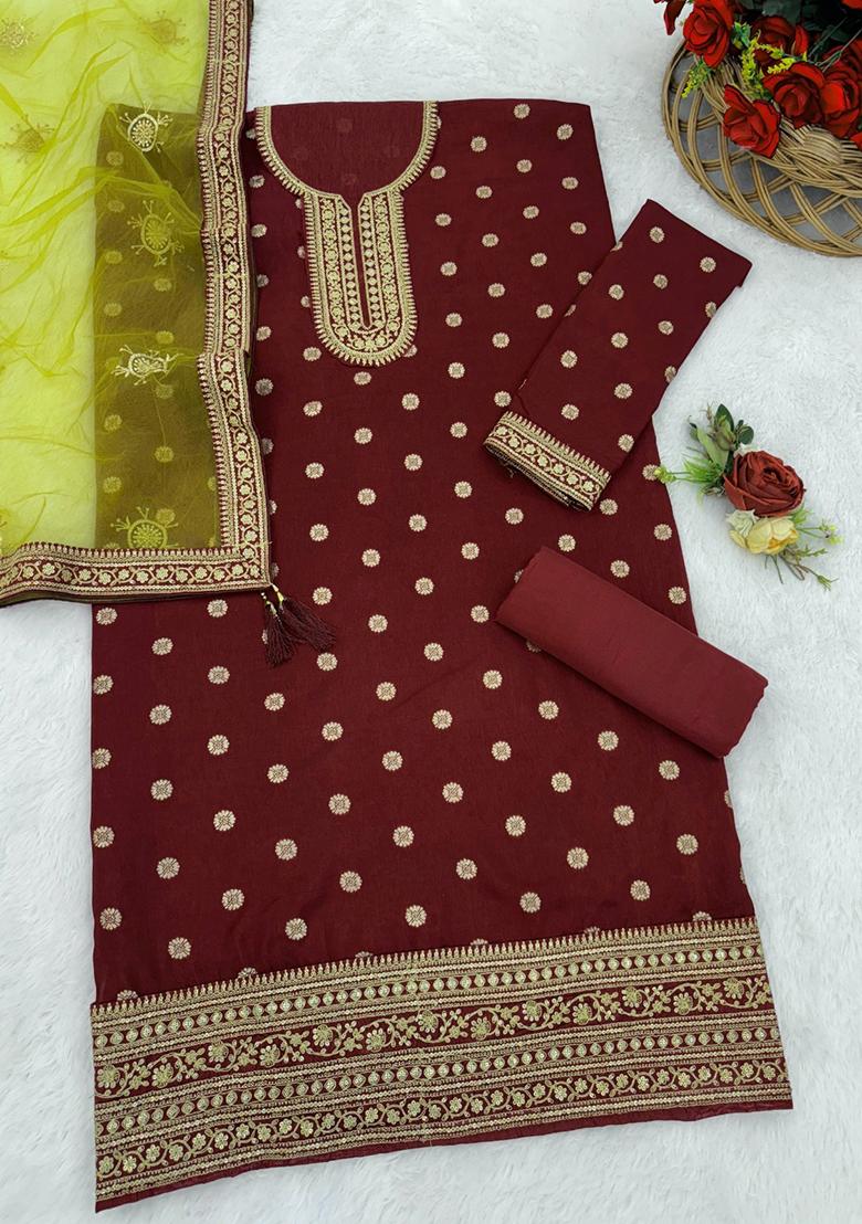 Maroon Embroidered Viscose Salwar Kameez With Dupatta