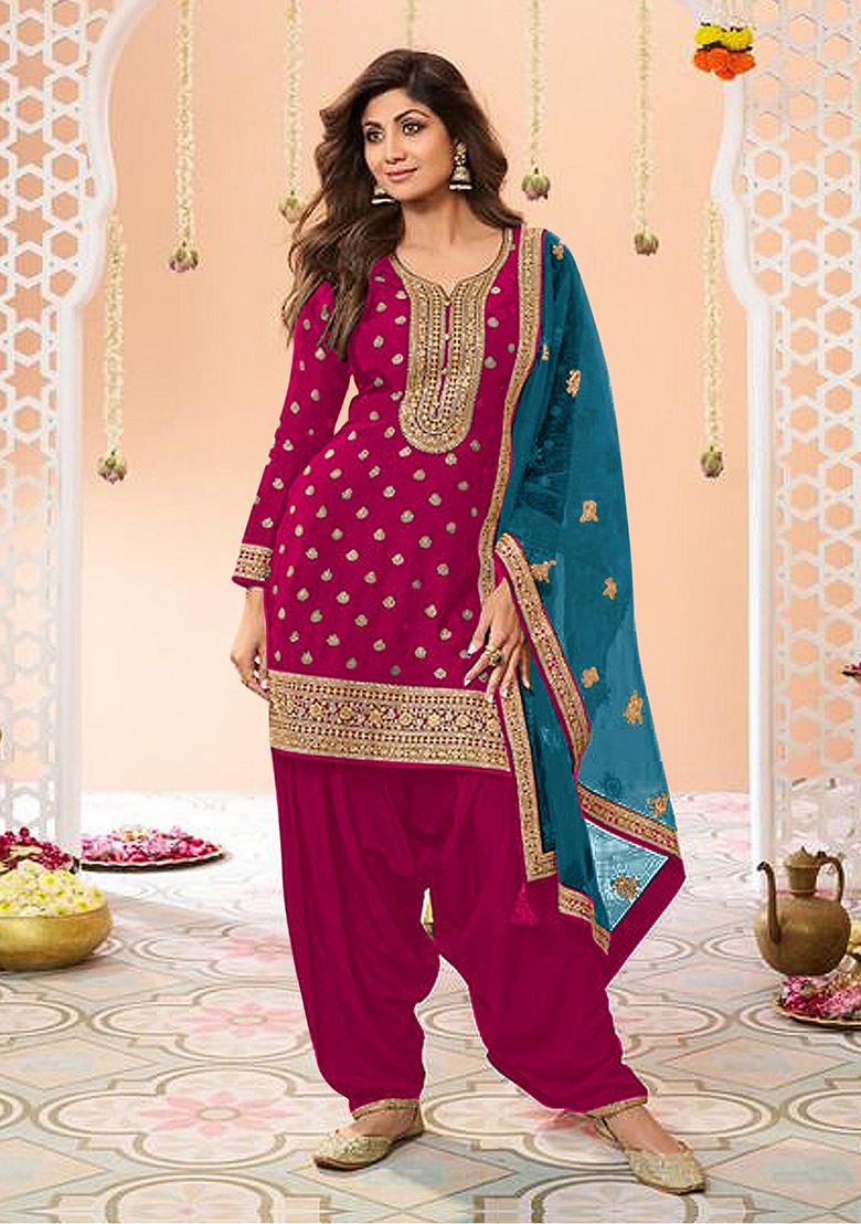Pink Embroidered Viscose Salwar Kameez With Dupatta