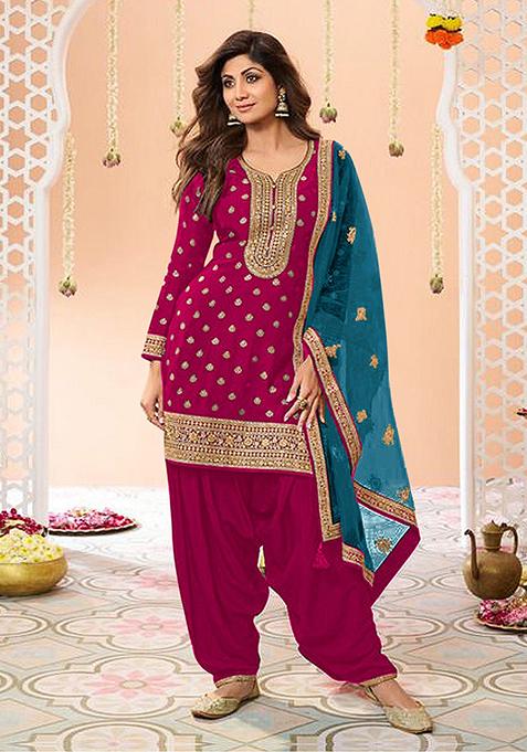 Pink Embroidered Viscose Salwar Kameez With Dupatta