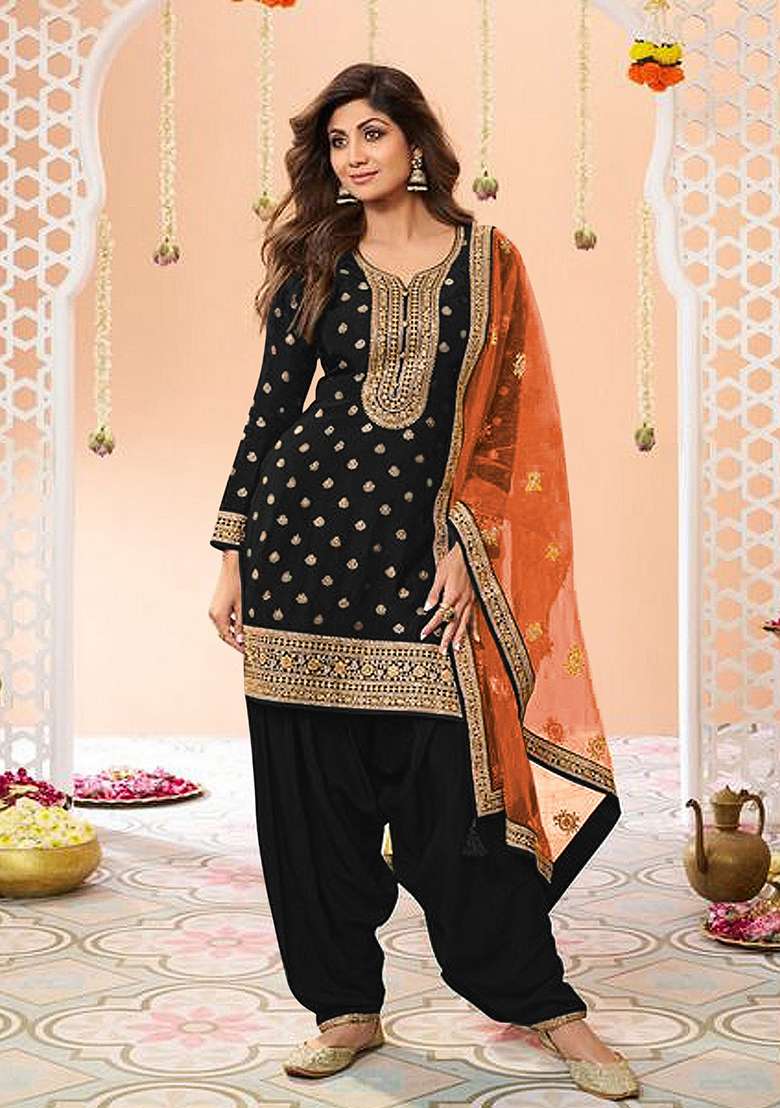 Black Embroidered Viscose Punjabi Suit - Indya