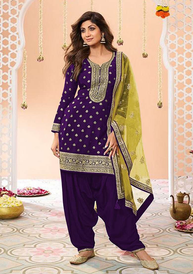 Purple Embroidered Viscose Punjabi Suit - Indya
