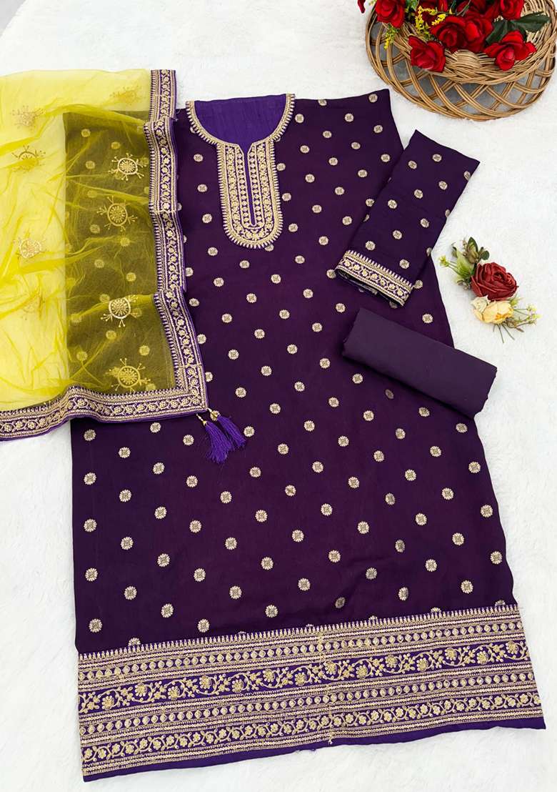 Purple Embroidered Viscose Punjabi Suit - Indya