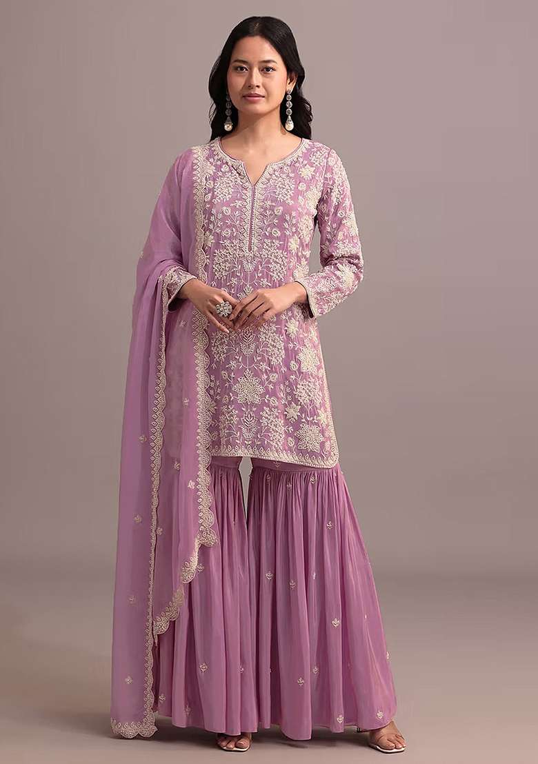 Pink Embroidered Georgette Sharara Set - Indya