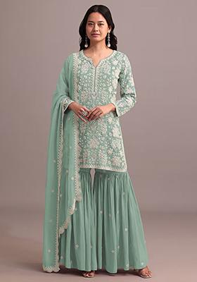 Green Embroidered Georgette Sharara Set With Dupatta