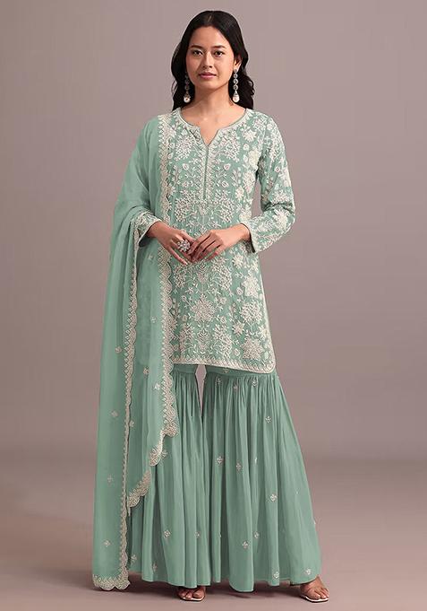 Green Embroidered Georgette Sharara Set With Dupatta