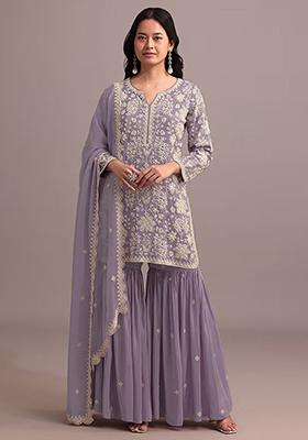 Purple Embroidered Georgette Sharara Set With Dupatta