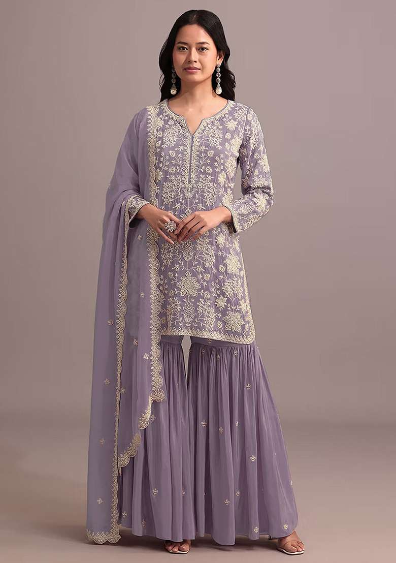 Purple Embroidered Georgette Sharara Set - Indya