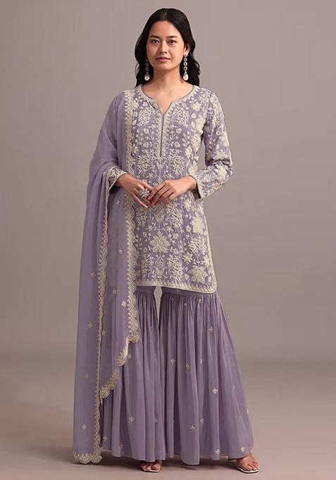 Purple Embroidered Georgette Sharara Set With Dupatta