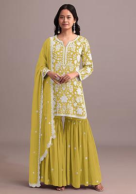 Yellow Embroidered Georgette Sharara Set