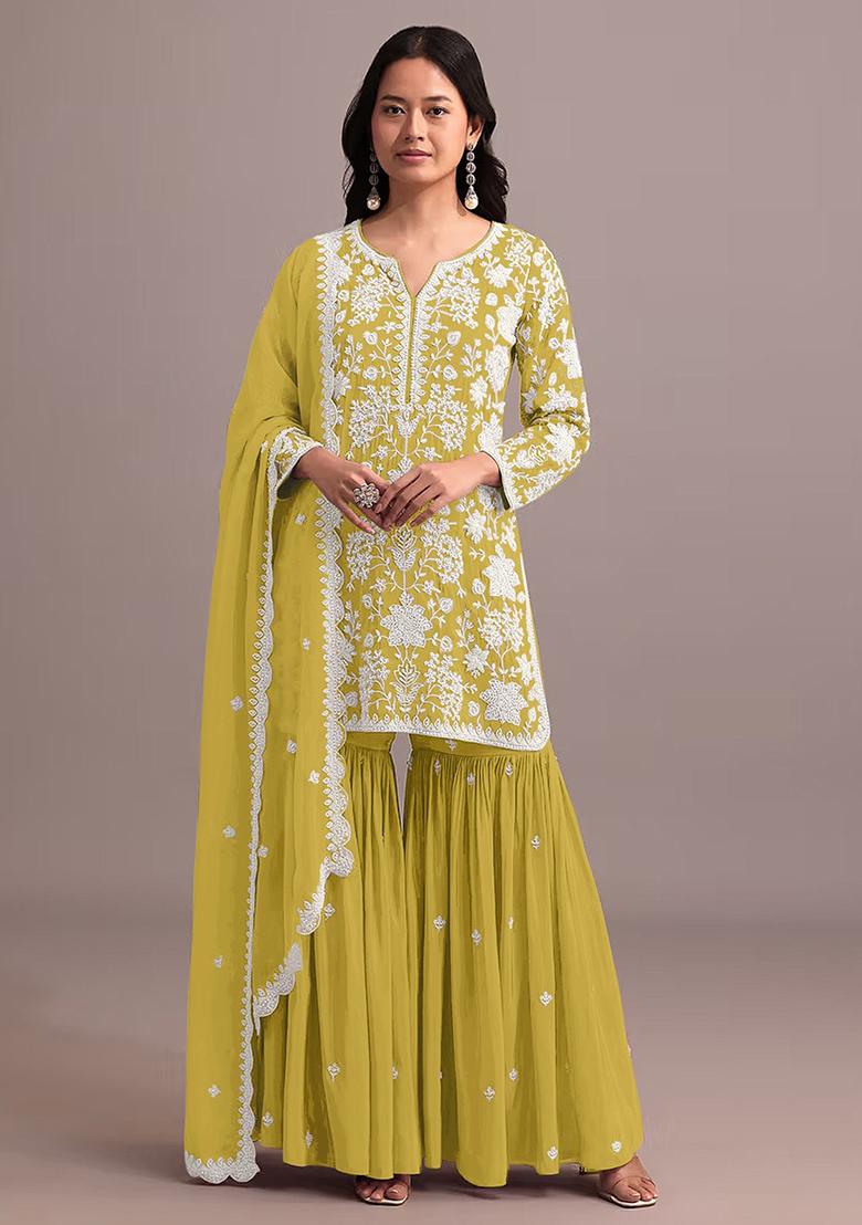 Yellow Embroidered Georgette Sharara Set With Dupatta