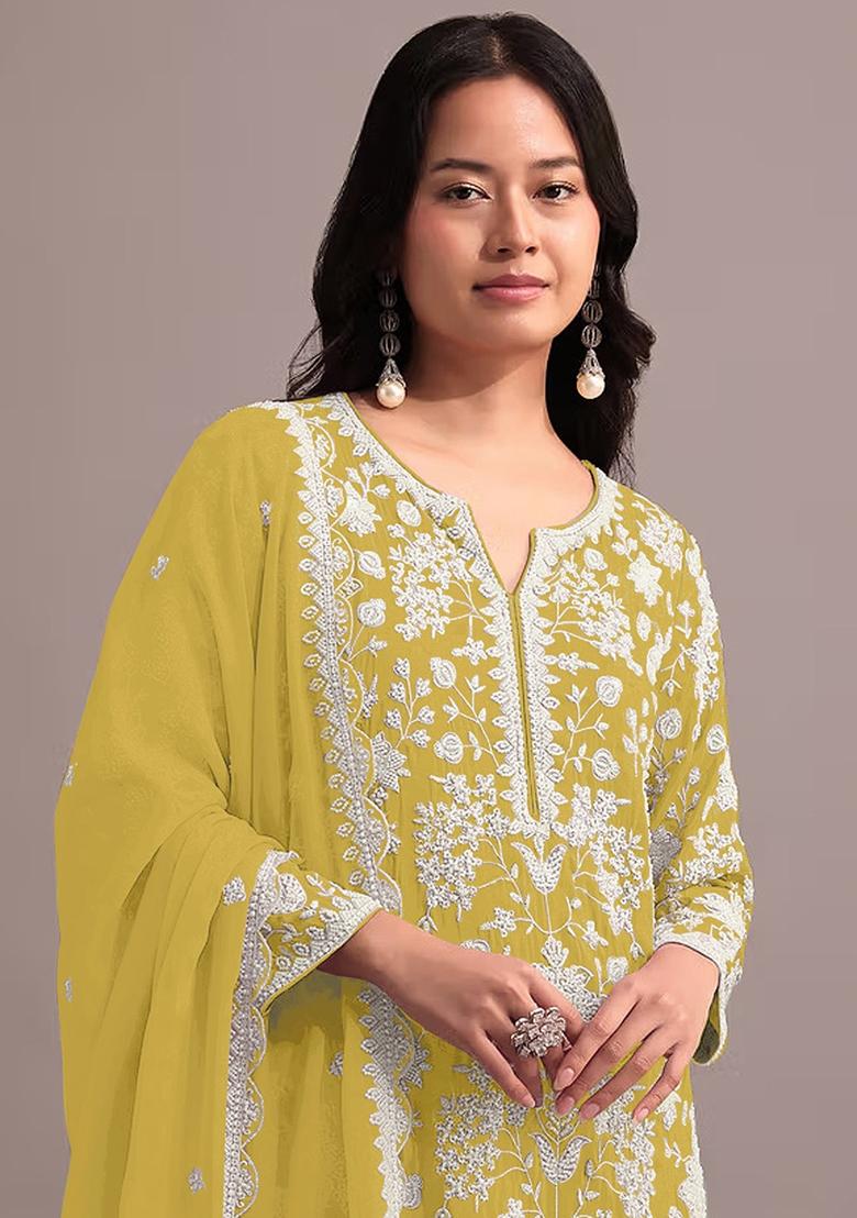 Yellow Embroidered Georgette Sharara Set